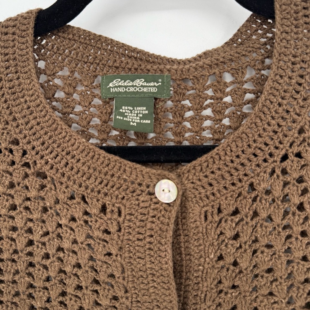 Vintage Eddie Bauer Crochet Linen Cotton Blend Brown Open-Knit Cardigan - Picture 2 of 7